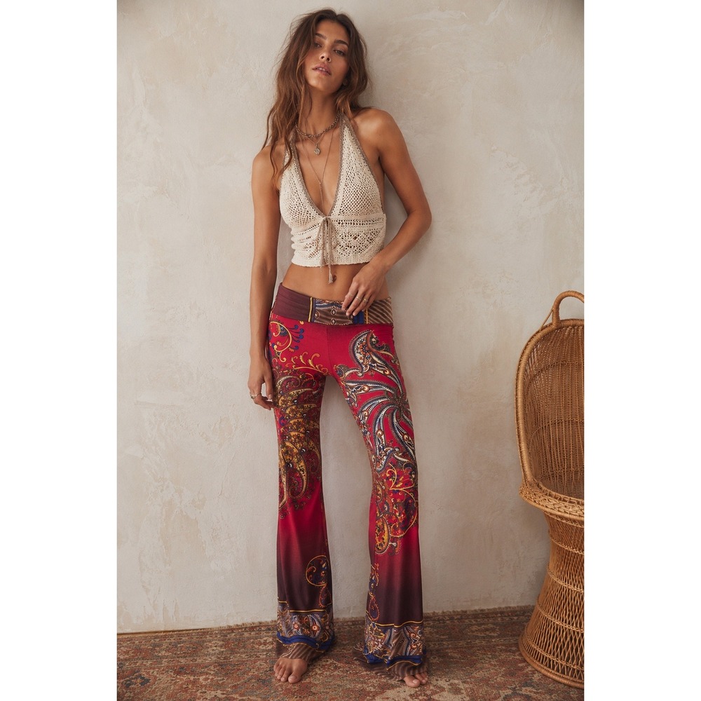 J Up Multi Paisley Foldover Low Rise Flare Pants Size S Boho Y2K Festival Lounge